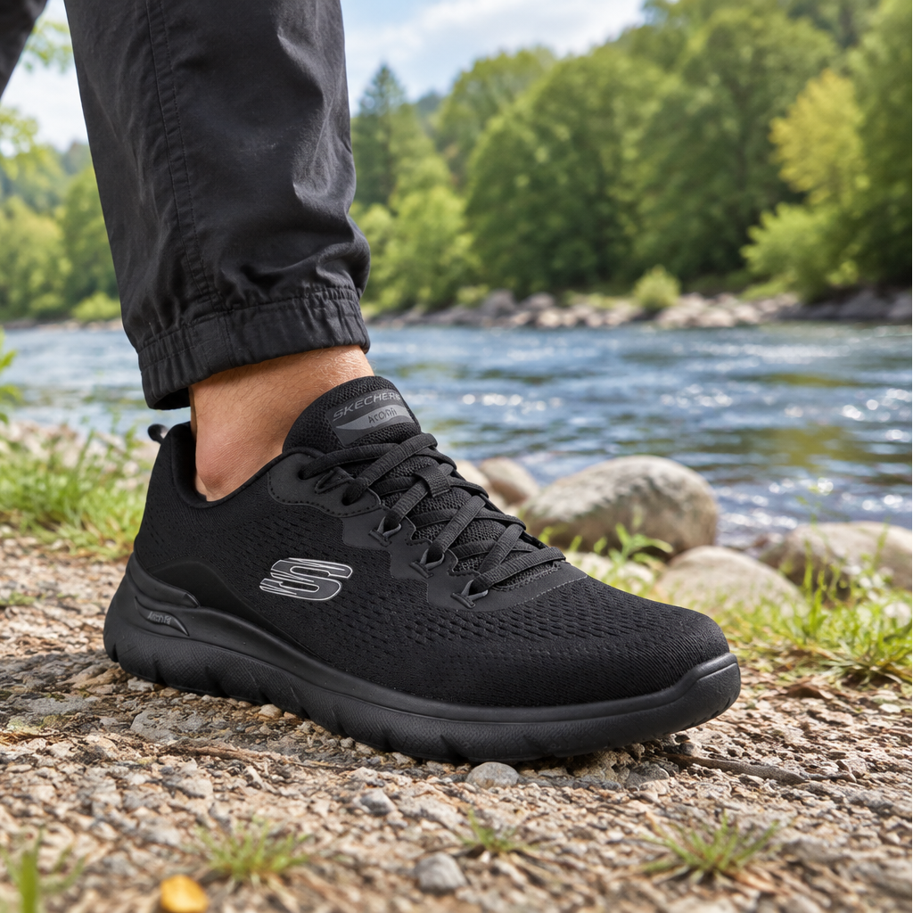 Men's black lace-up trainer sneakers worn outdoors near river rocks