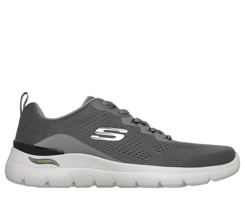 Men's Skechers charcoal mesh trainers with white sole, gray laces, S logo, lime accents