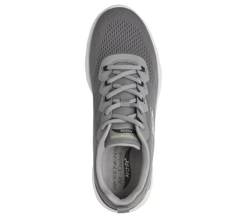Men's Skechers charcoal trainer with gray laces, padded collar, ArchFit insole