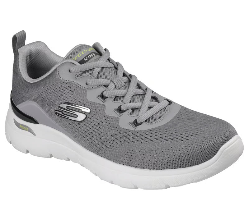 Men's Skechers charcoal knit trainers, gray laces, white midsole, lime heel accent