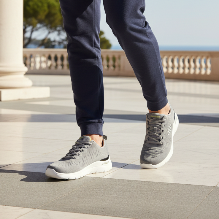Men's Skechers trainers on model feet, charcoal uppers with white soles