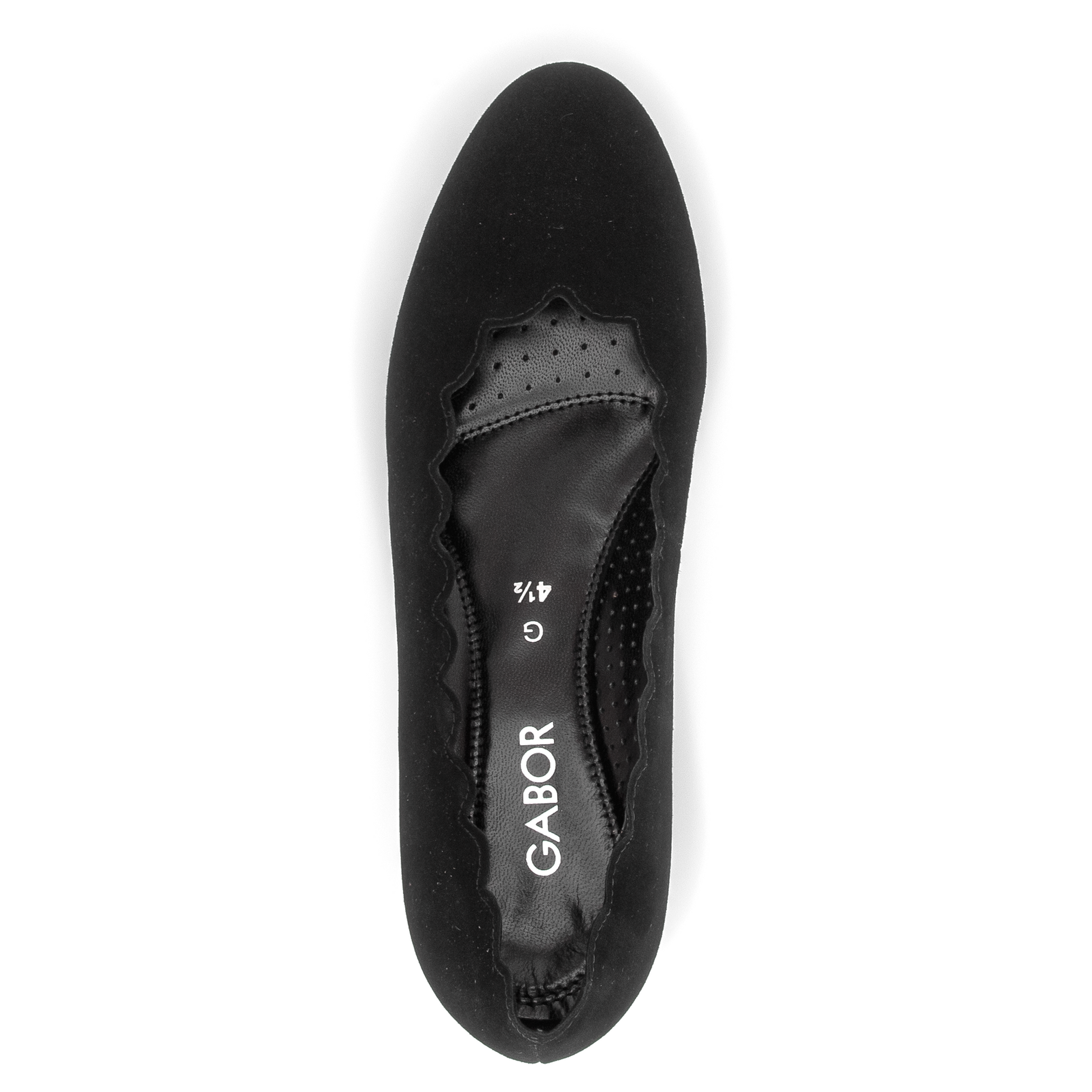 A single black flat shoe shown from a top-down view on a white background, with the brand name GABOR printed in white on the insole.