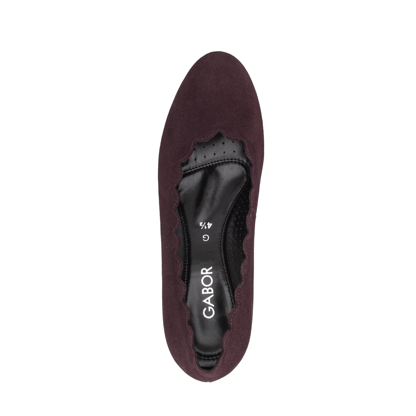 A single dark plum-colored flat shoe shown from a top-down view on a plain white background. The shoe features a black insole with the brand name 'GABOR' printed in white, and a decorative black strap across the instep.