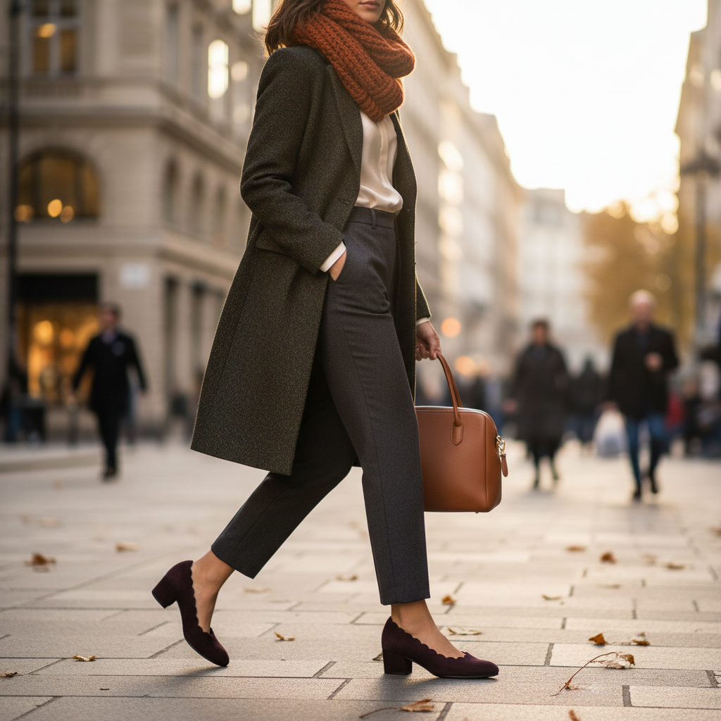 A single women's low block-heel pump in deep burgundy suede, featuring a scalloped edge and a black interior lining, shown from a side profile on a white background.
