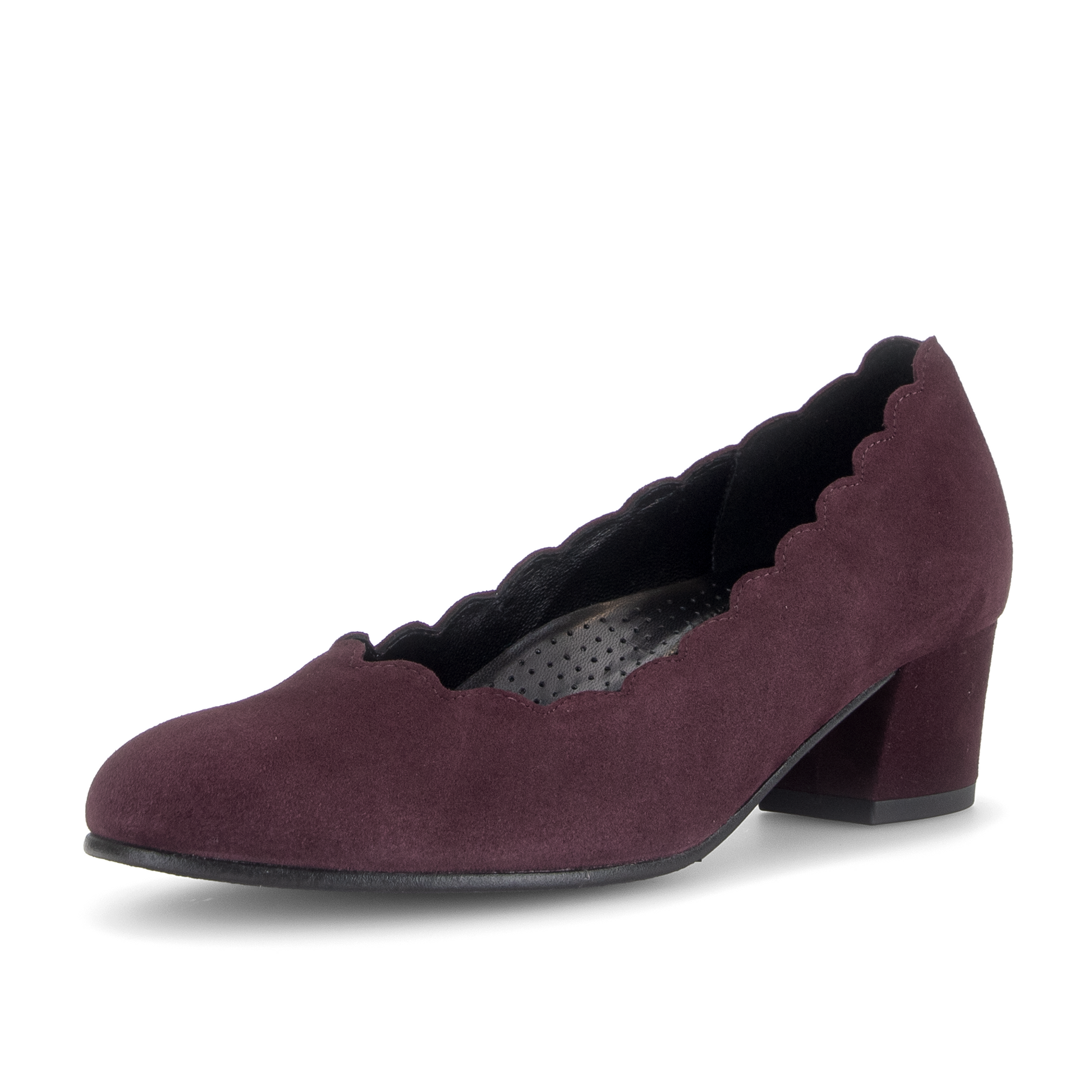 A single black suede pump shoe with a scalloped edge and a low block heel, shown from a side profile on a white background.