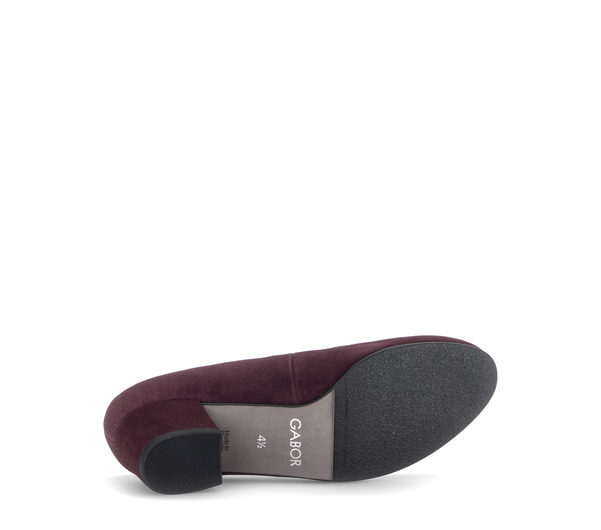 A single women's flat shoe shown from the sole view, featuring a deep burgundy velvet upper, a low block heel, and a black rubber outsole. The brand name 'CABOTI' is visible on the insole.