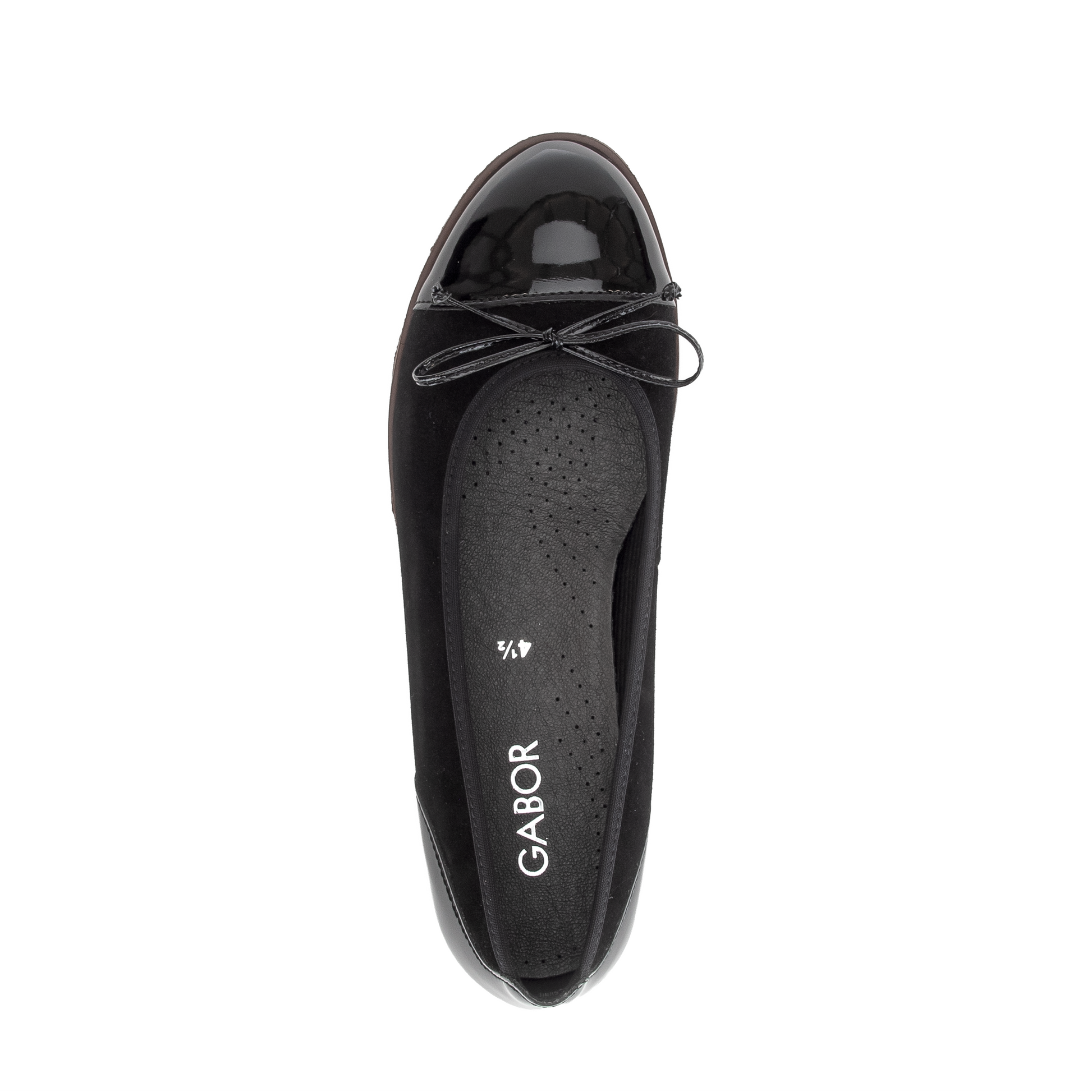 Black patent leather flat shoe with 'Gabor' branding on a white background