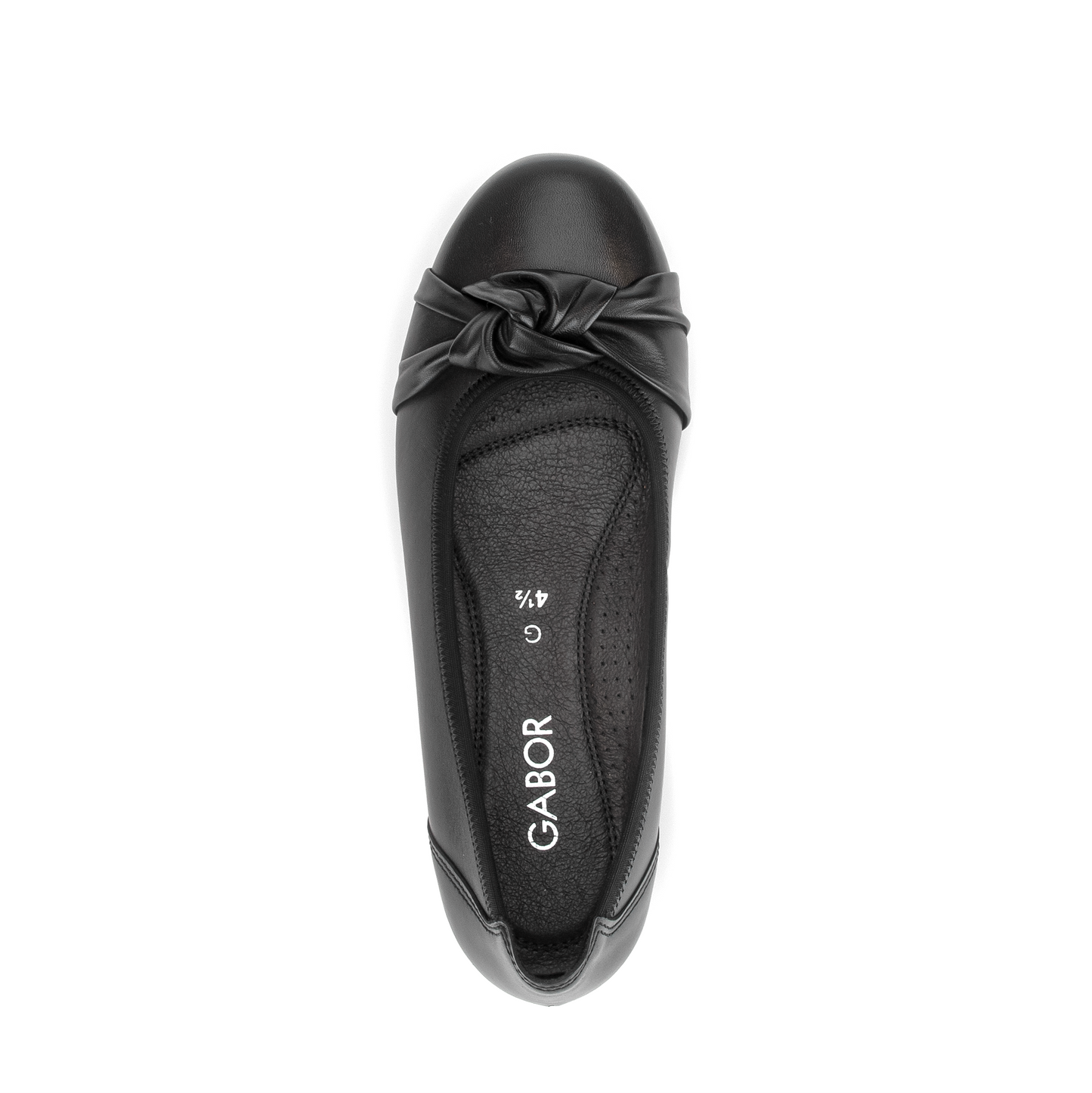 A single black leather ballet flat shoe shown from a top-down view, featuring a decorative bow detail on the toe box and the brand name 'GABOR' printed on the insole, set against a plain white background.