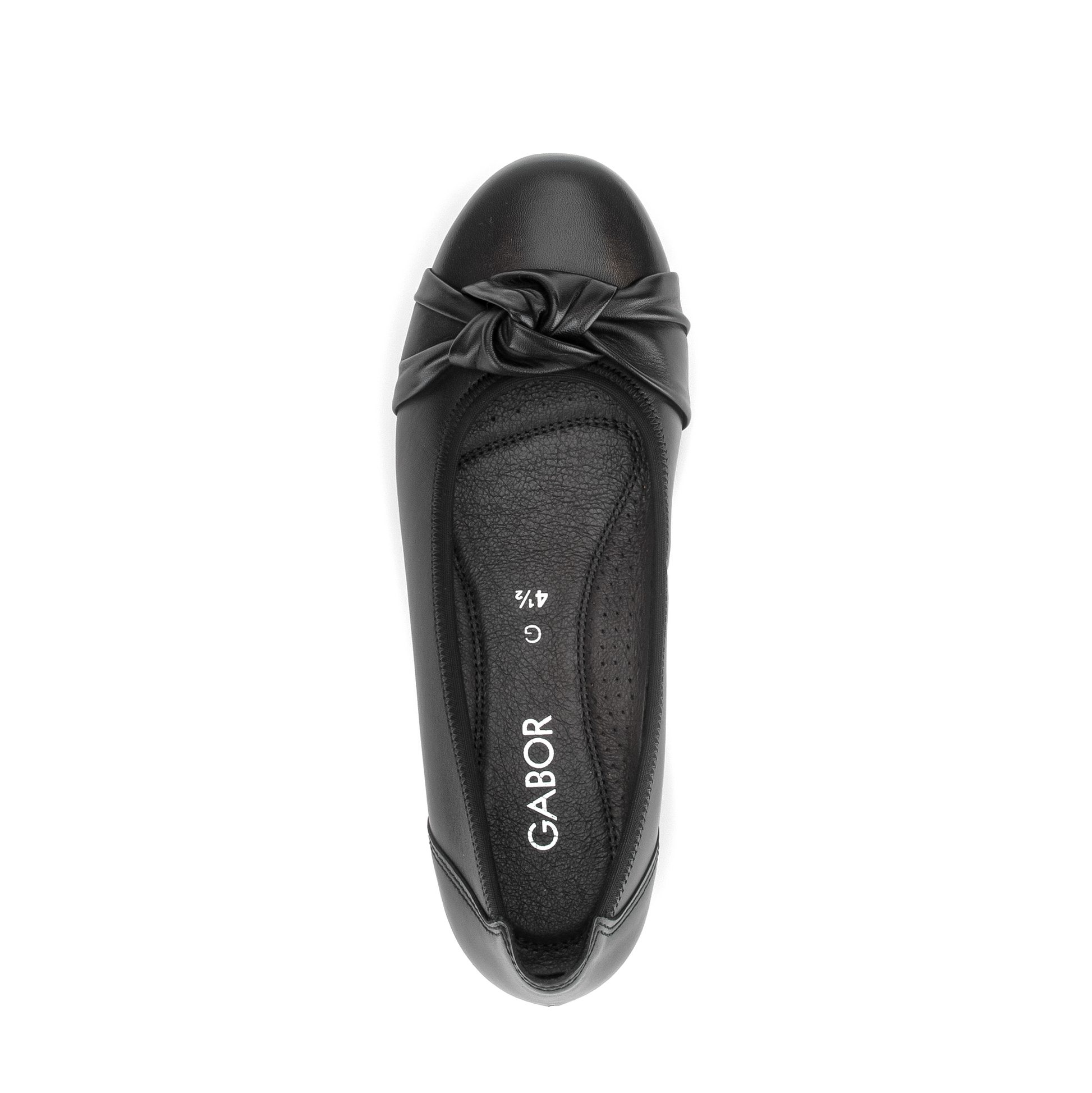 A single black leather ballet flat shoe shown from a top-down view, featuring a decorative bow detail on the toe box and the brand name 'GABOR' printed on the insole, set against a plain white background.