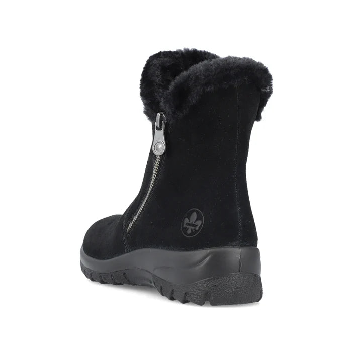 Black suede-look zip boot with faux-fur cuff and grippy rubber sole