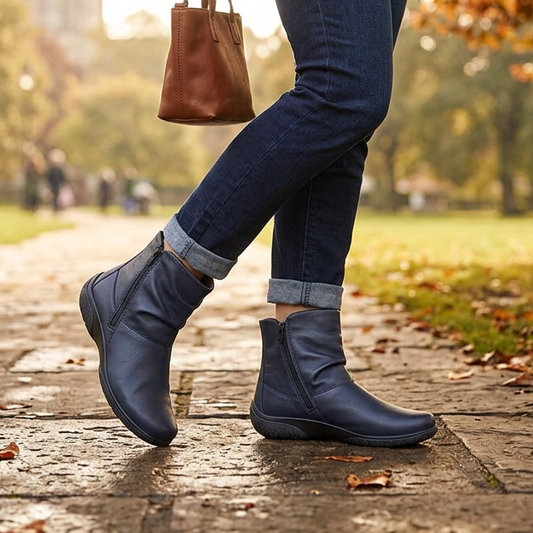 Women's navy wide-fit ankle boots walking stance, side zippers and rugged outsole