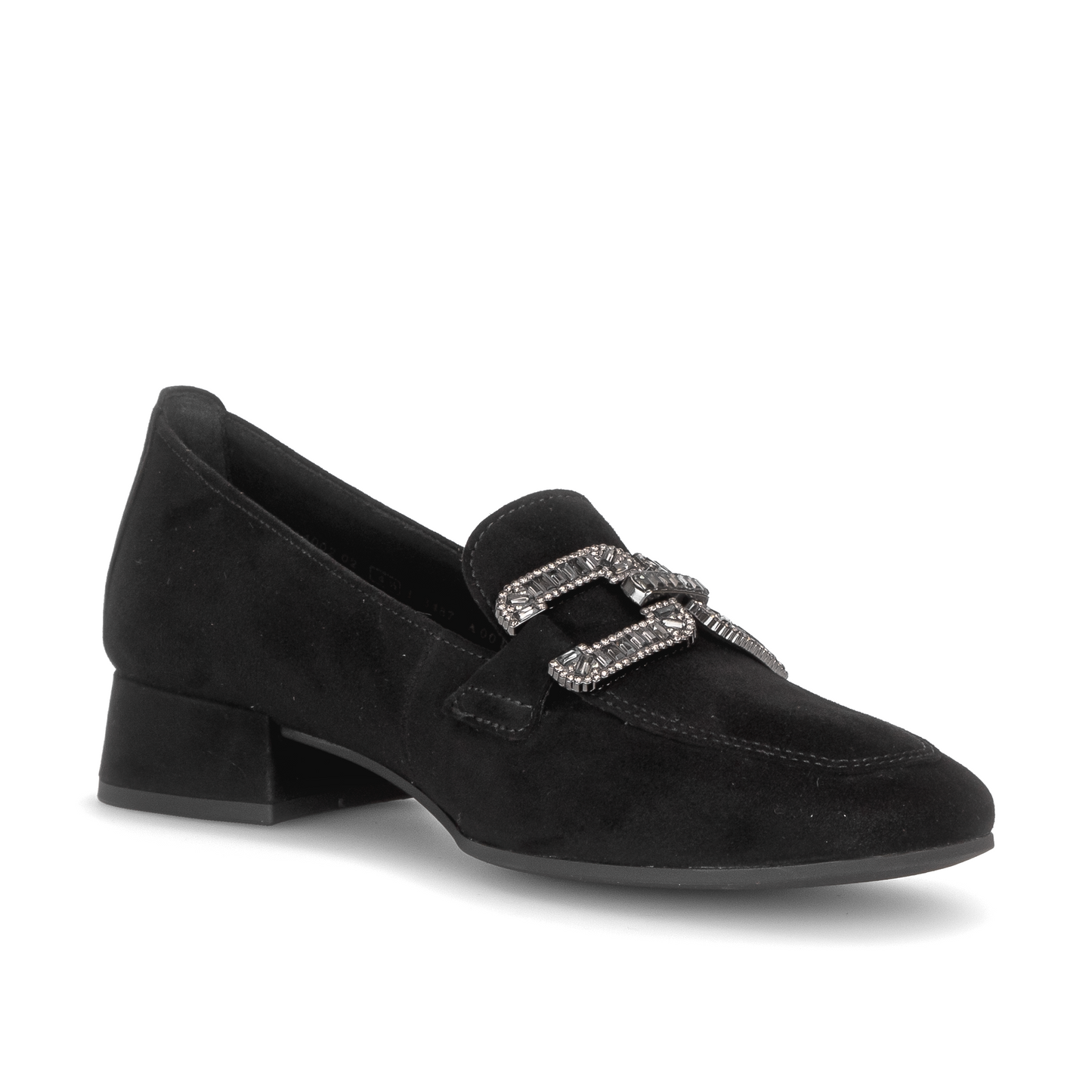 Black loafer shoe with decorative buckle on a white background