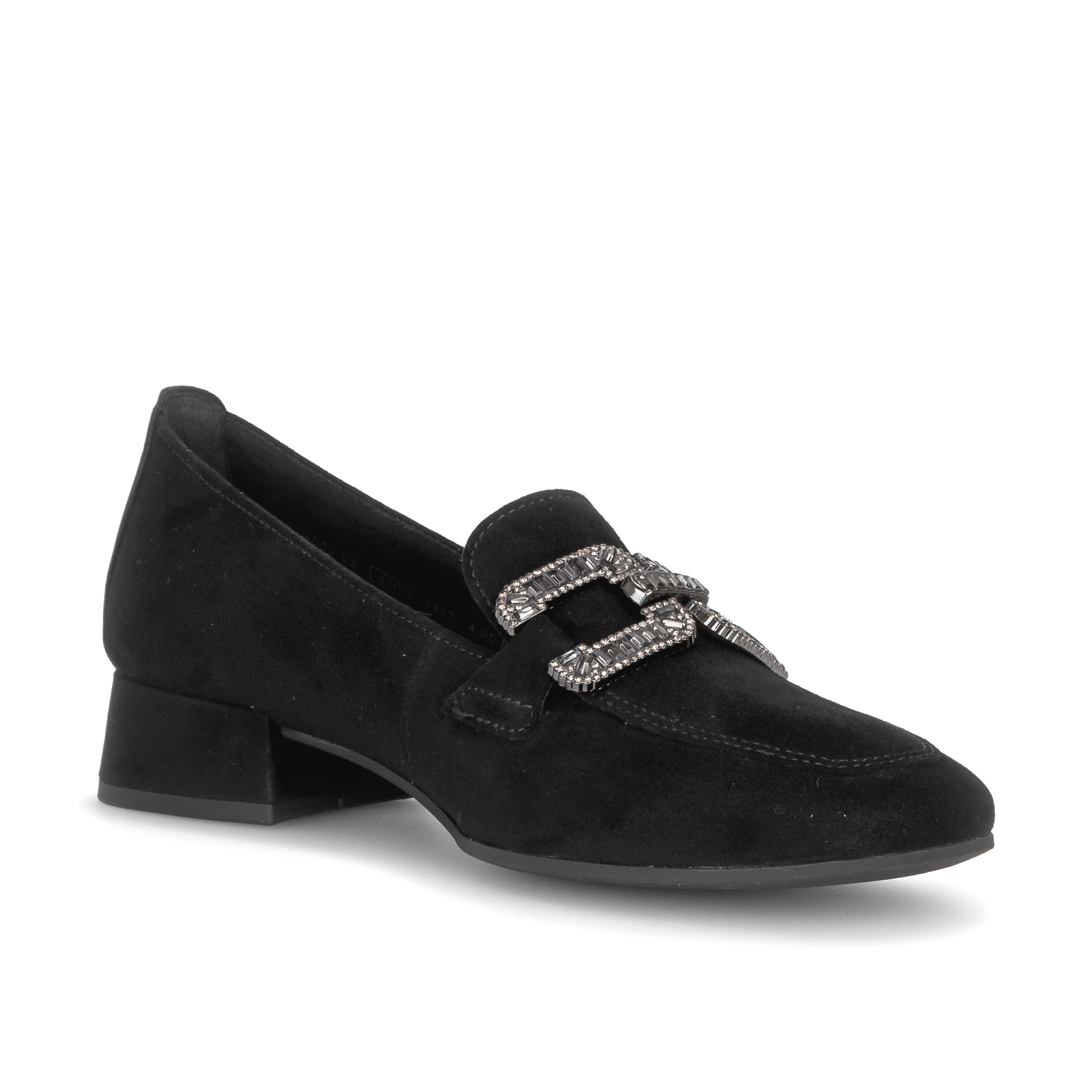 Black loafer shoe with decorative buckle on a white background