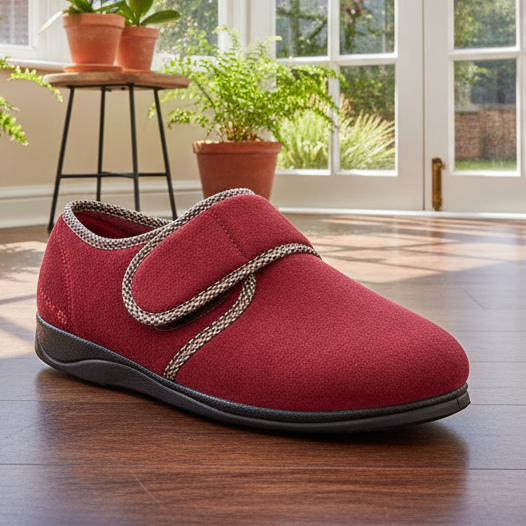 A red slip-on clog-style shoe with a braided strap detail, placed on a wooden floor in a bright room with potted plants and large windows in the background.