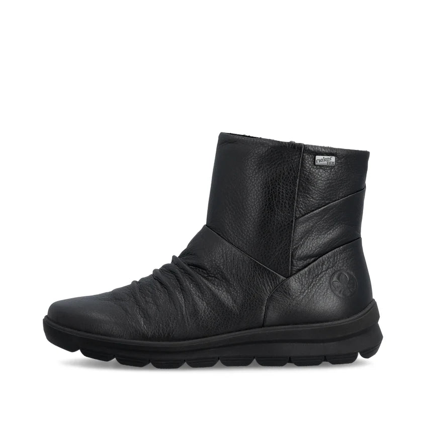 Women's black leather ankle boot with side zipper and padded collar