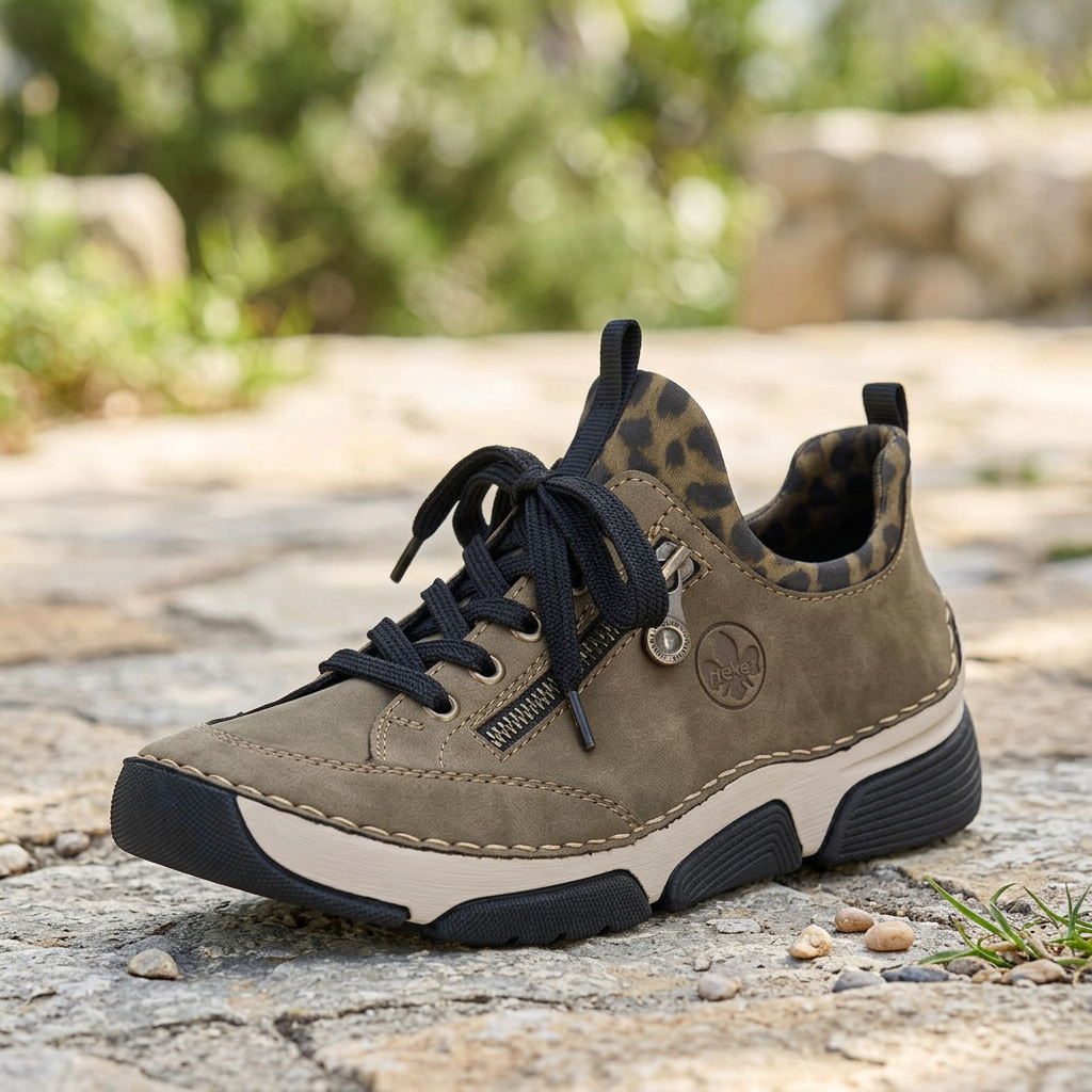 Women's brown lace-up sneaker with leopard collar, round metal eyelet, chunky sole