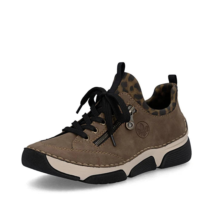Women's brown lace-up slip-on sneaker with leopard-print collar and chunky rubber sole