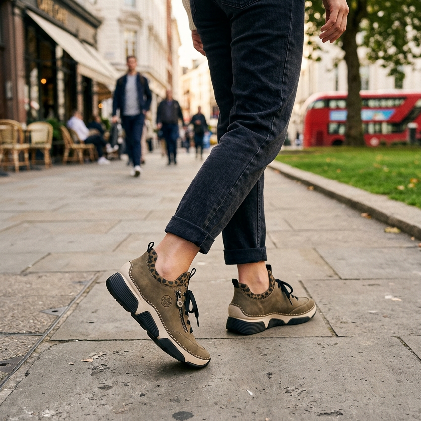 Women's slip-on sneaker worn with dark jeans; brown upper, leopard collar, black laces