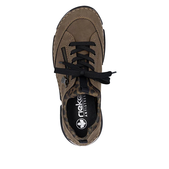 Women's front view lace-up sneaker with leopard-lined tongue and black laces