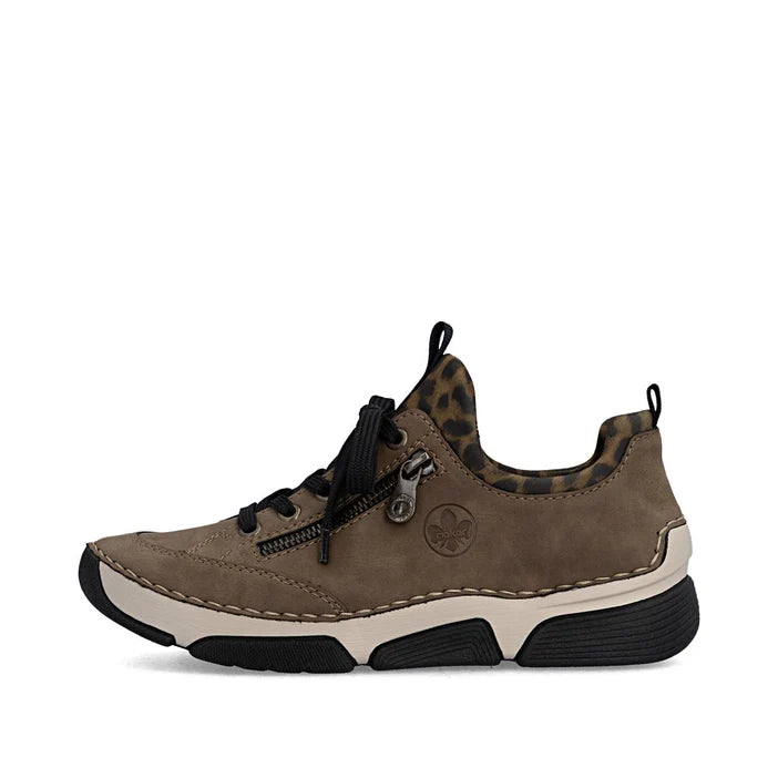 Women's side view lace-up slip-on sneaker in brown with leopard heel panel