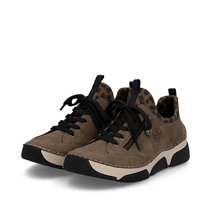 Women's lace-up slip-on sneaker with leopard heel lining and dark trim