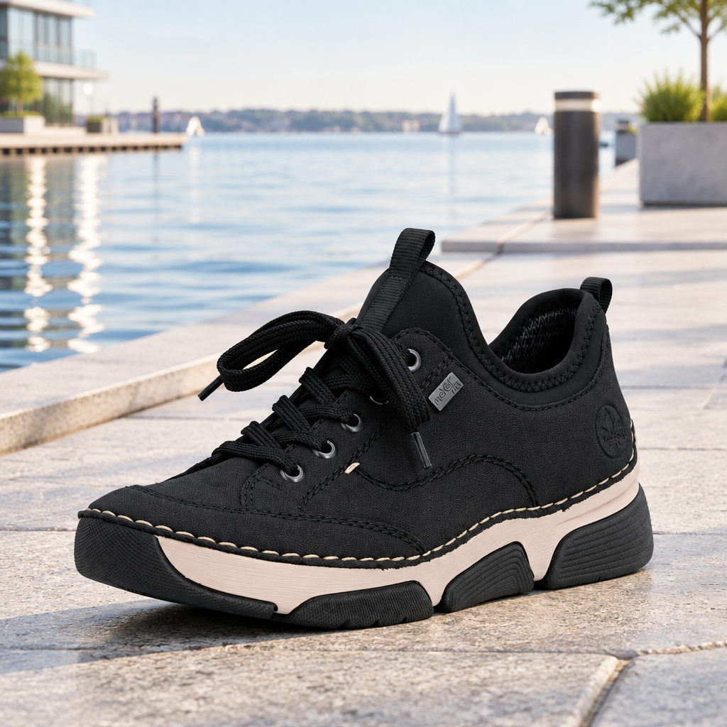 Black suede lace-up sneaker with laces and white midsole, side profile