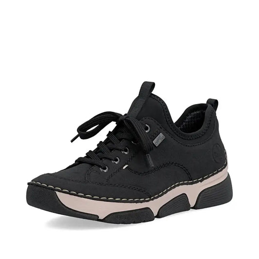 Black suede lace-up sneaker with cushioned white midsole and contrast stitching