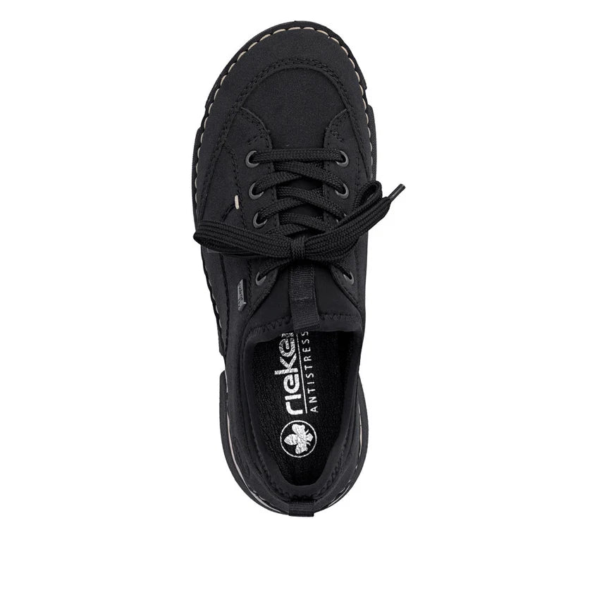 Black suede sneaker with laces and pull tab, top view