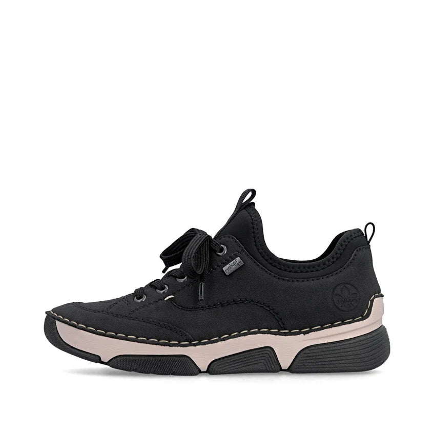Black suede lace-up sneaker with round toe, thick textured sole and contrast trim