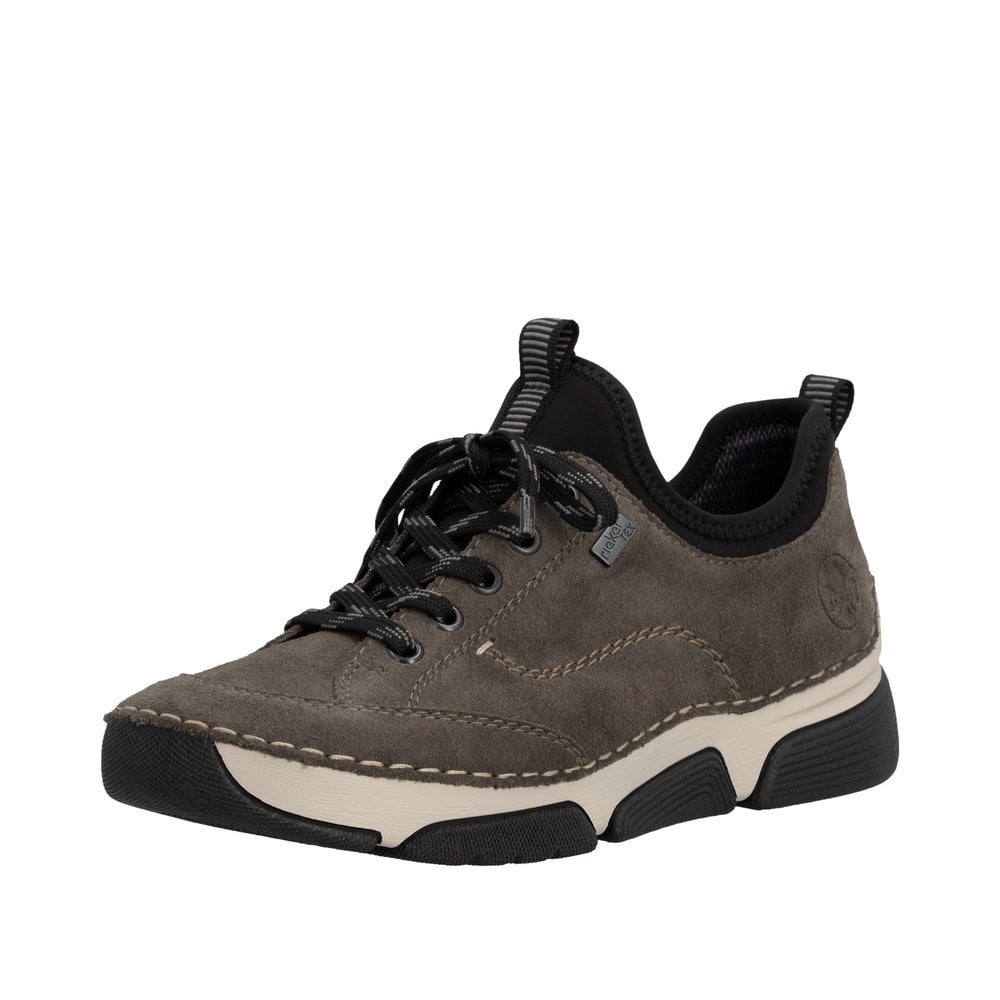 Women's grey suede slip-on shoe with black lace-up and cushioned padded collar