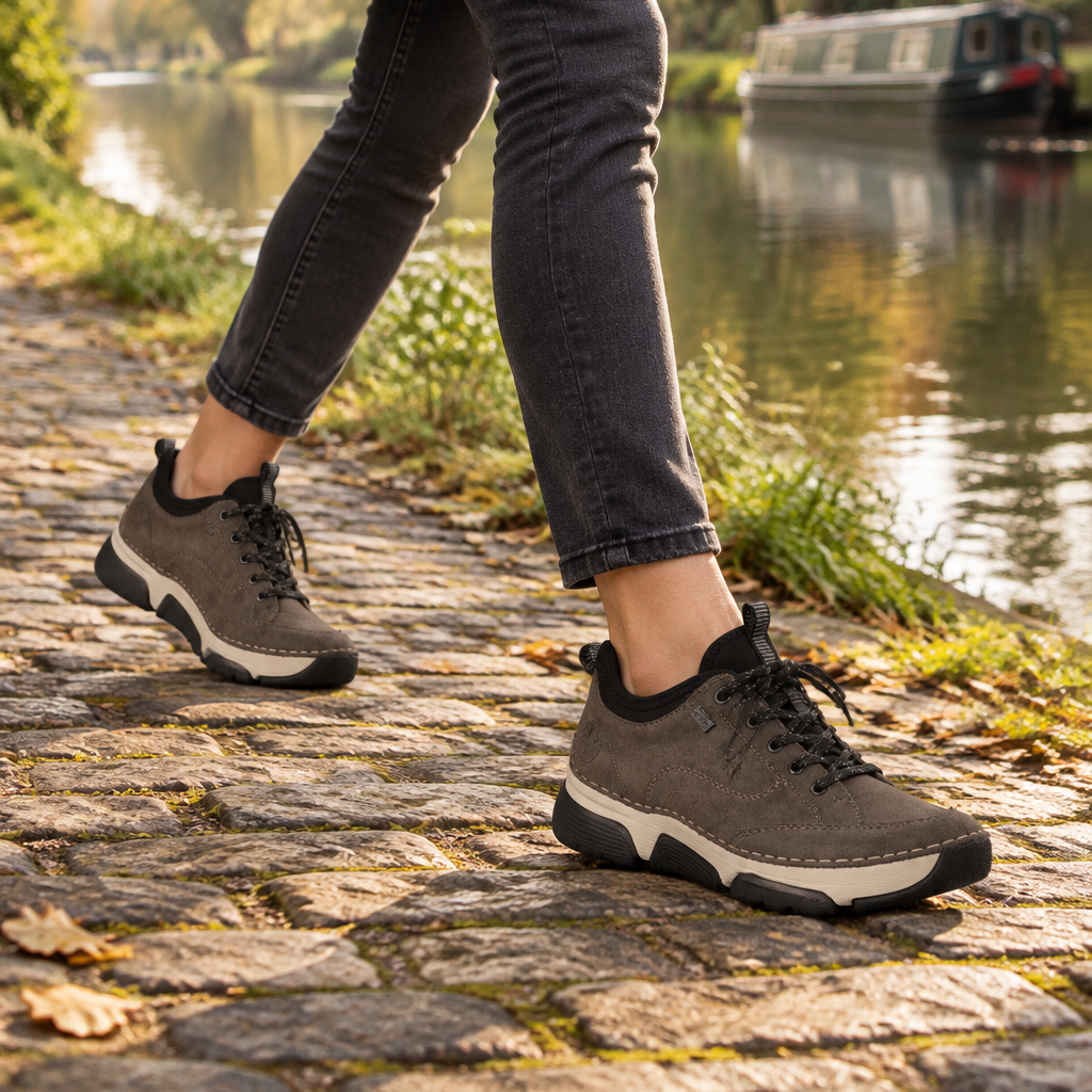 Women's grey suede slip-on sneakers side view with black laces and textured tread sole