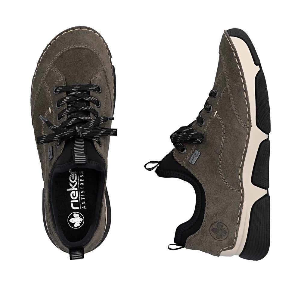 Women's grey suede slip-on shoes pair with black laces, elastic collar, and thick sole