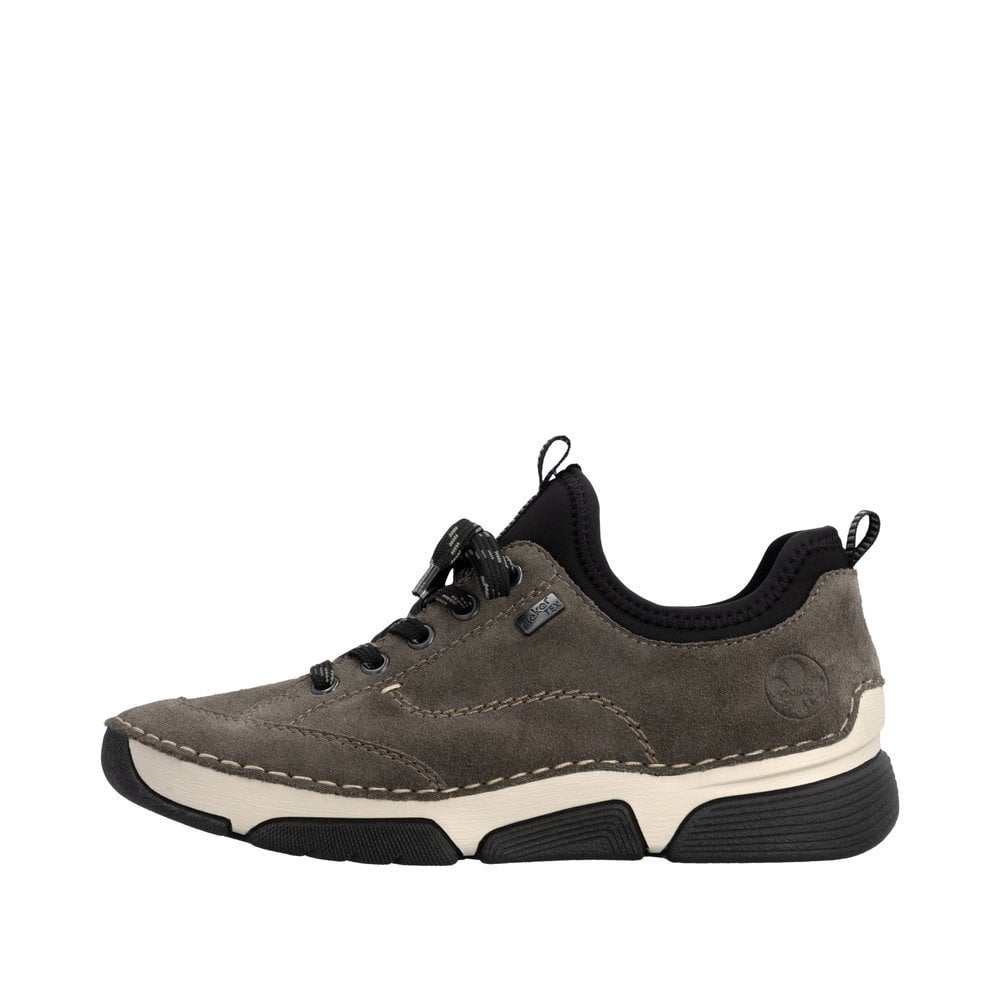 Women's grey suede slip-on sneaker with black laces, padded collar, and rubber sole