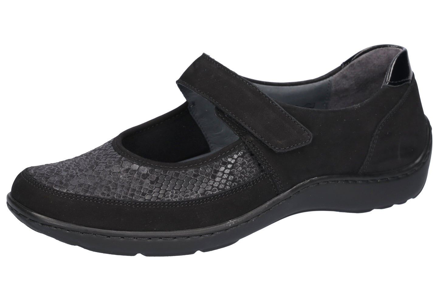 A single black women's Mary Jane shoe with a textured snakeskin-patterned toe box, black suede-like upper, and a hook-and-loop strap closure, shown against a plain white background.