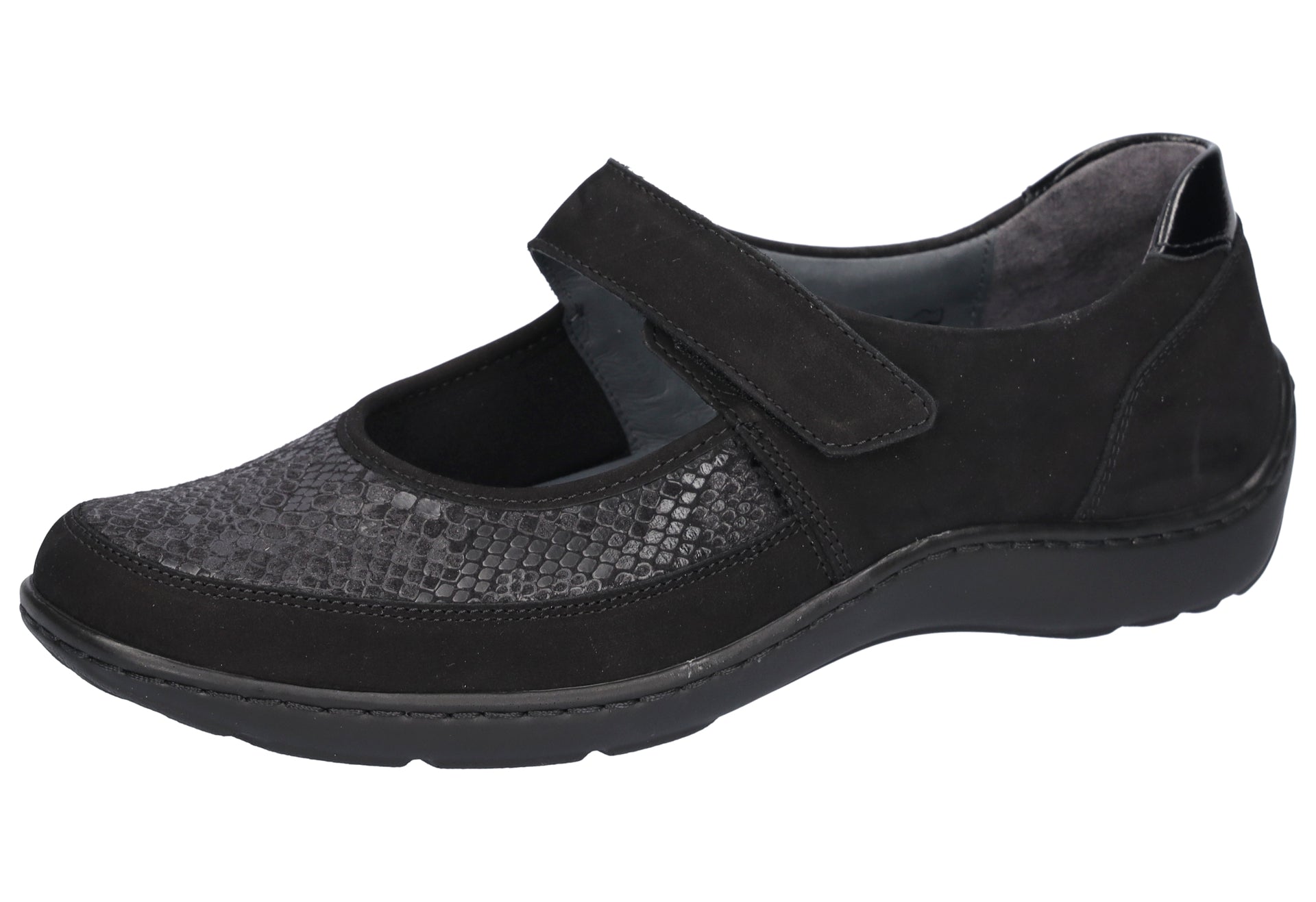 A single black women's Mary Jane shoe with a textured snakeskin-patterned toe box, black suede-like upper, and a hook-and-loop strap closure, shown against a plain white background.