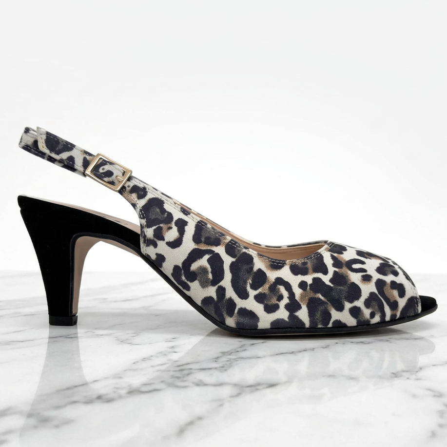Women's open-toe leopard-print slingback sandal with mid heel and buckle strap