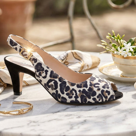 Women's leopard-print beige slingback sandal with mid heel and buckle strap