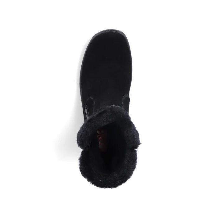 Black ankle boot with faux-fur-lined opening and side zipper