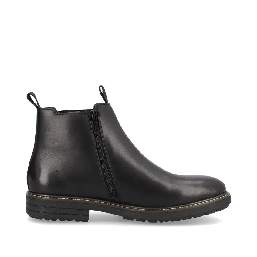 Men's black Chelsea boot with side zipper panel and tan welt stitching