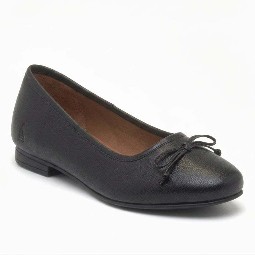 Black leather ballerina shoe with round toe and lace bow, side view