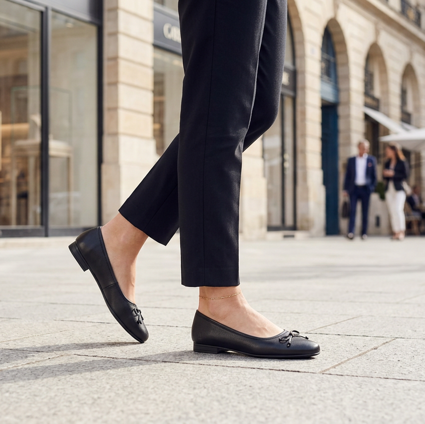 Women's black leather ballerina shoe, round toe and lace bow on low flat heel