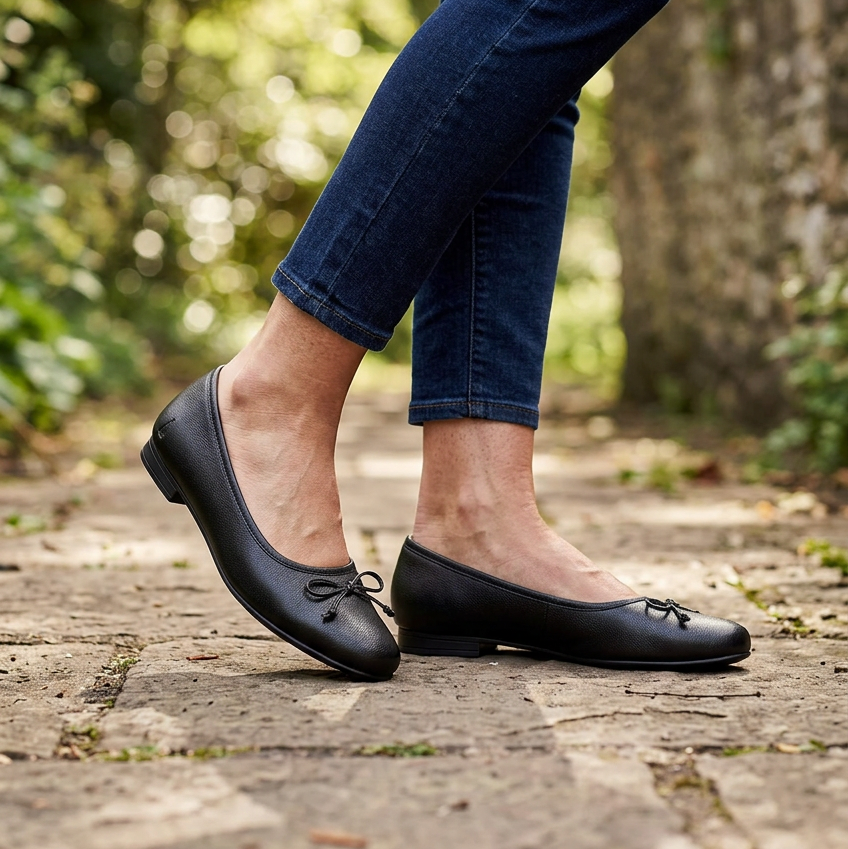 Women's black leather ballerina flats with bow tie, worn with dark jeans