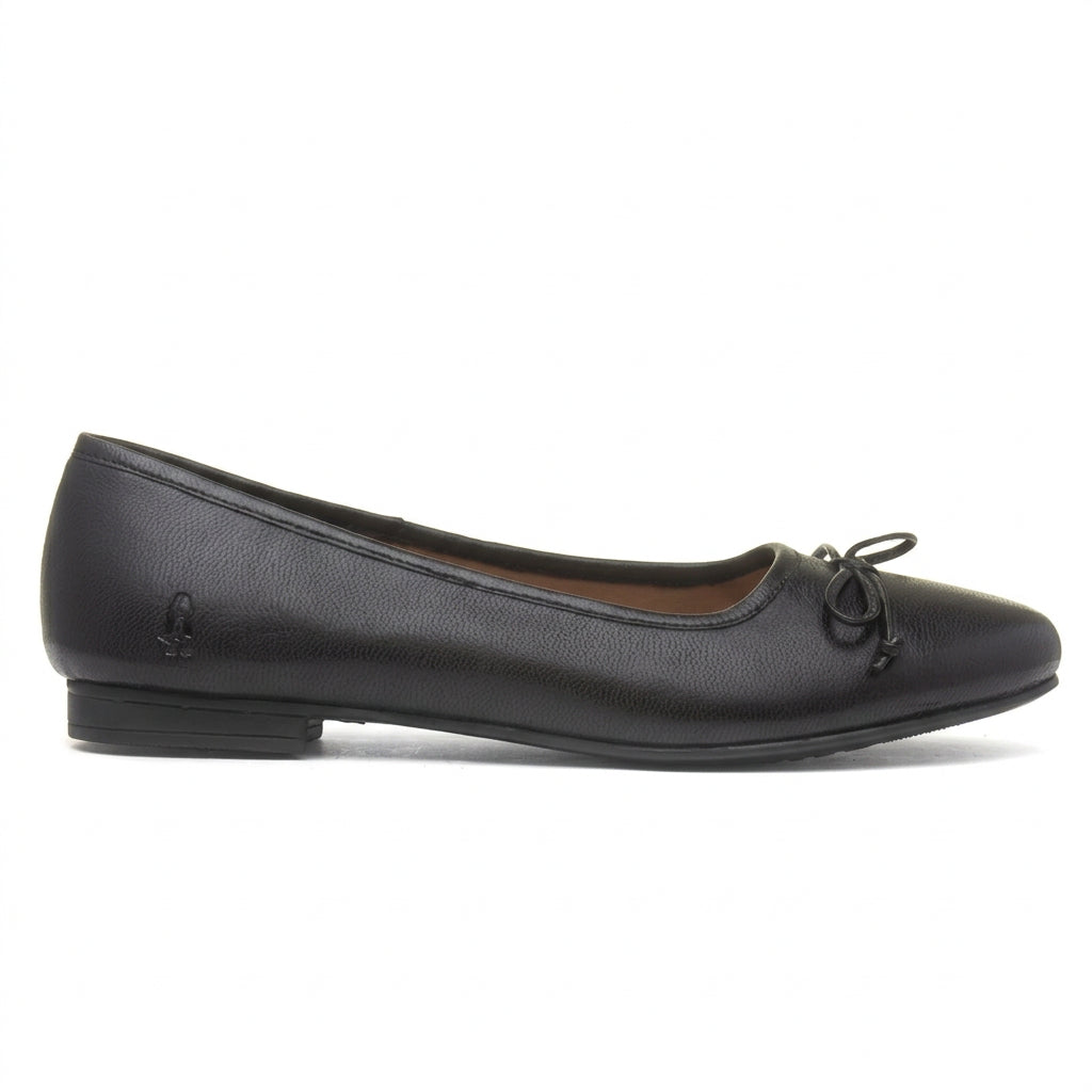 Black leather ballerina shoe side profile with lace bow and low block heel