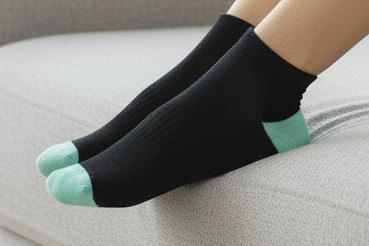 Woman sitting on a couch wearing black socks with green accents in a bright living room.