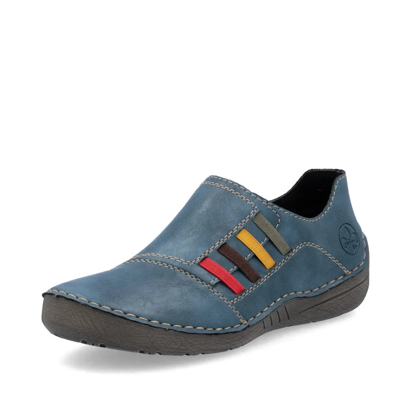 Blue slip-on shoes with colorful stripe accents and stitched side panels