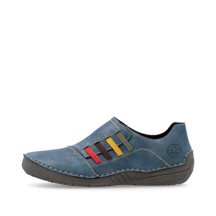 Blue slip-on walking shoes with colorful stripe detail and textured rubber sole