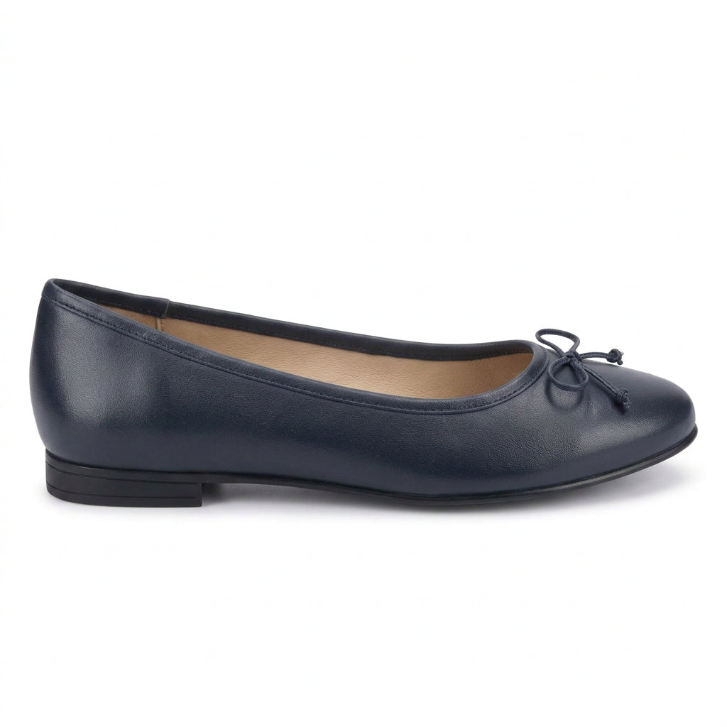 Navy leather women's ballerina shoe with bow tie detail and low block heel