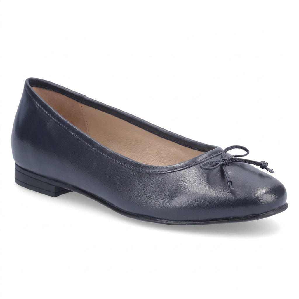 Navy leather ballerina shoe, rounded toe, lace-up bow detail, low block heel