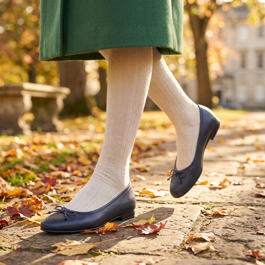 Navy leather ballerina shoes with bow tie, worn with white socks and tights