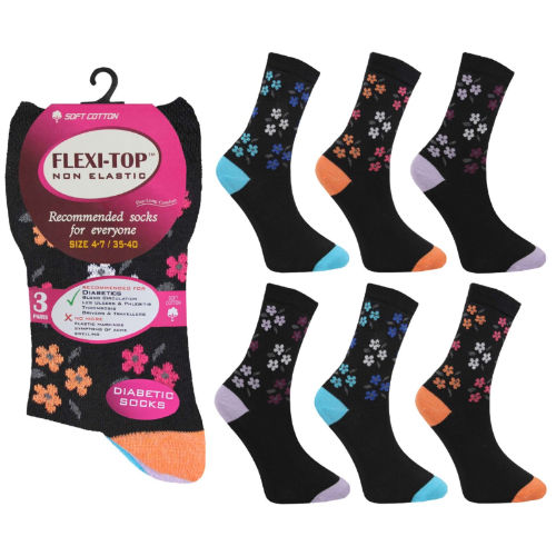 Ladies Flexi-Top Diabetic Socks - Black Floral Multi